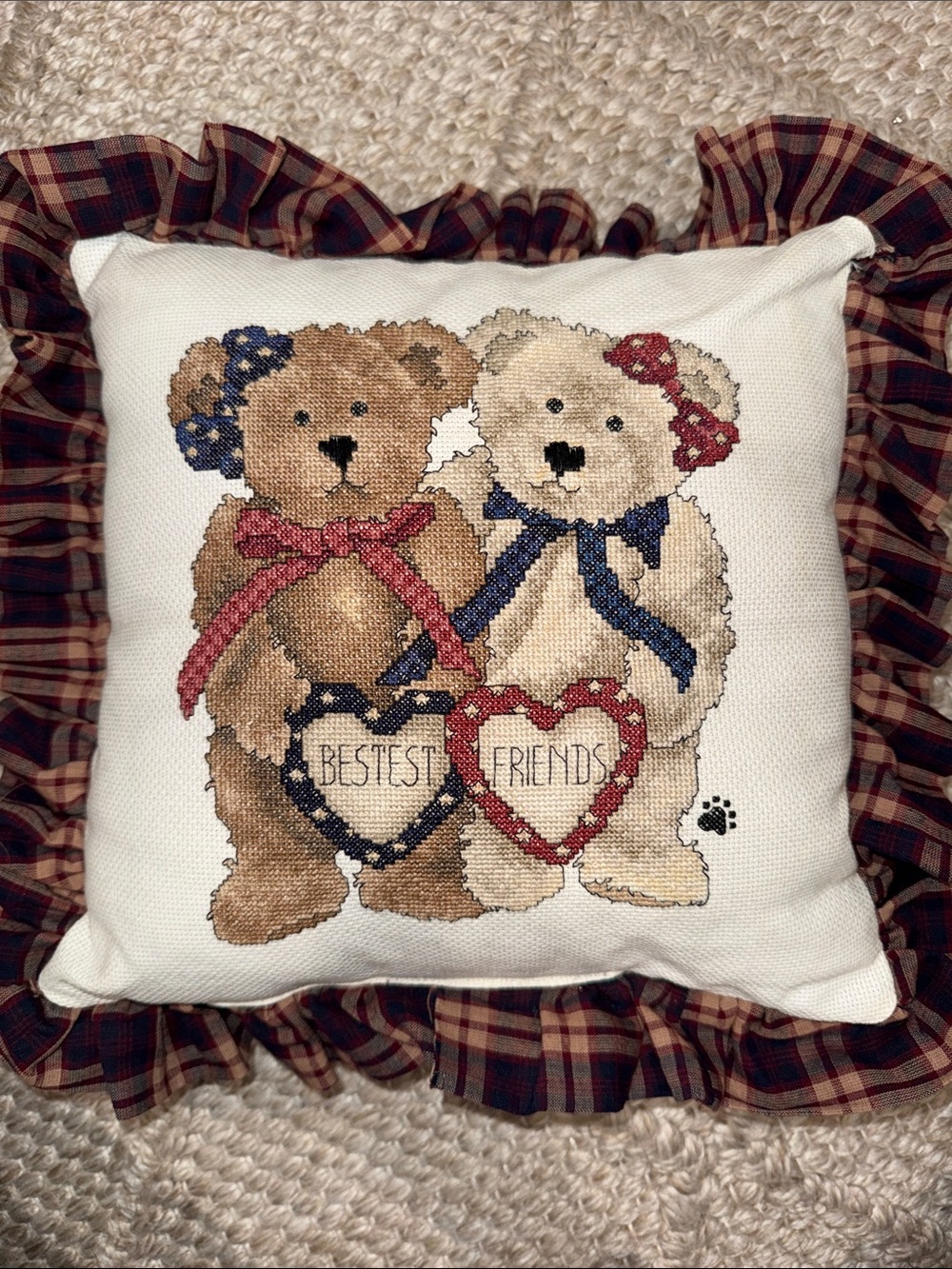 Handmade Bestest Friends Bear Cross-Stitch Pillow with Beautful plaid ruffle